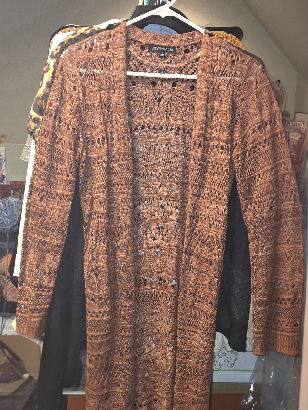 Love + Elle Openwork Long Cardigan in Rust